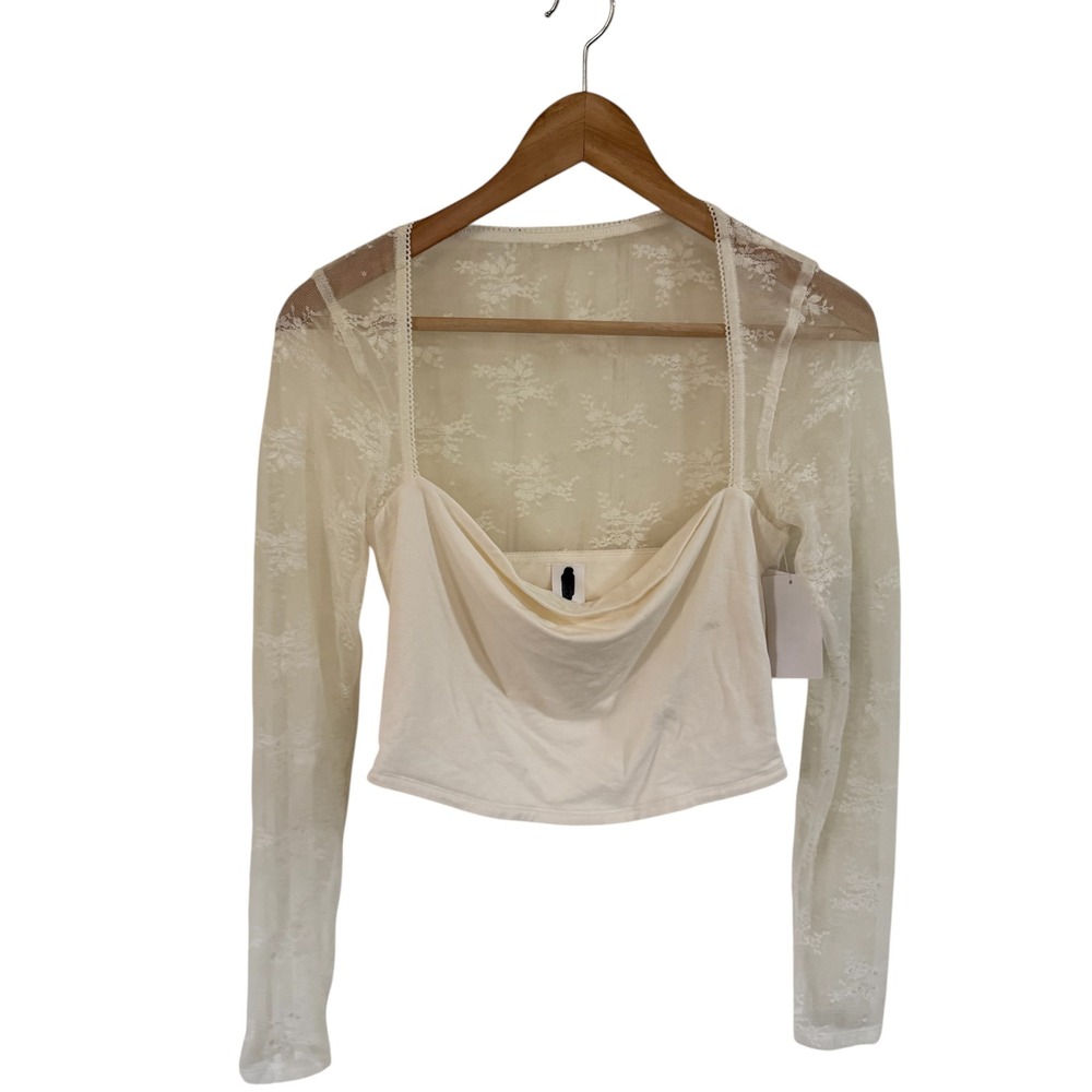 Abound Cream Lace Overlay Corset Crop Top Long Sleeve Sheer Mesh Shirt M
